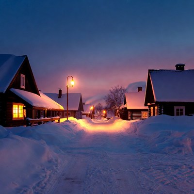 Snowy Village Path at Night