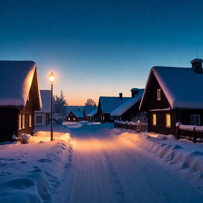 Snowy Village Street at Night