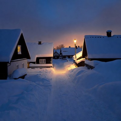 Snowy Village Path with Street Lamp
