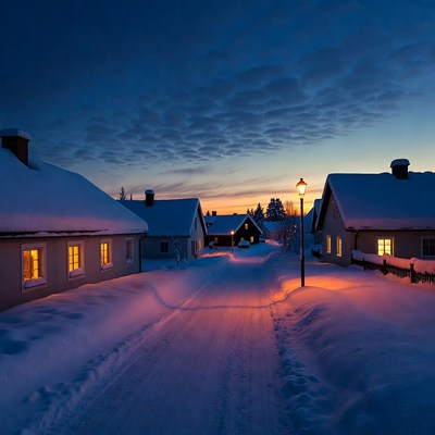 Snowy Village Street at Twilight