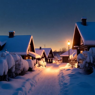 Snowy Cottages with Streetlamp at Night