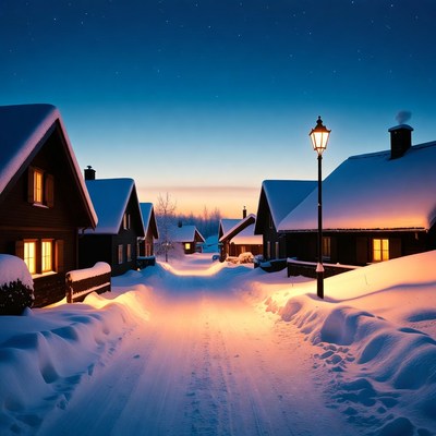 Snowy Village Street at Night