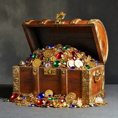 Open Treasure Chest Overflowing with Gold Coins and Gems