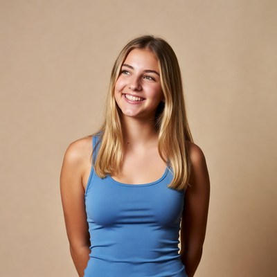 Smiling blonde girl in blue tank top