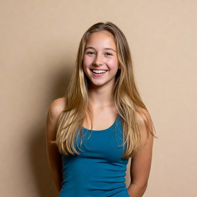 Teen girl smiling in blue tank top