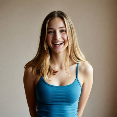Smiling blonde woman in blue tank top