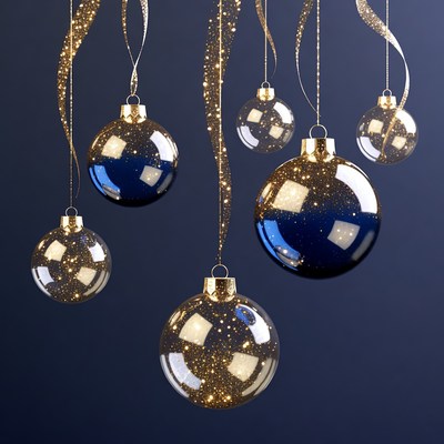 Gold Ribbons and Blue Christmas Ornaments