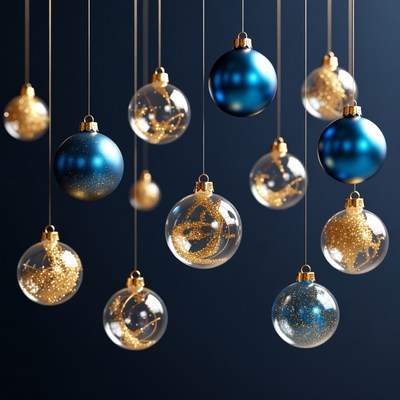 Hanging Gold and Blue Christmas Ornaments