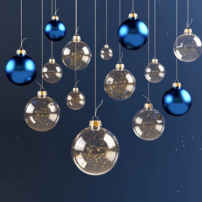 Hanging Blue and Gold Glitter Christmas Ornaments
