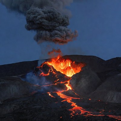 Volcano erupting with lava flows