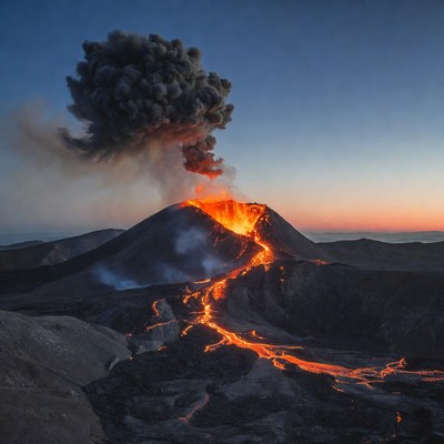 Volcano erupting at sunset