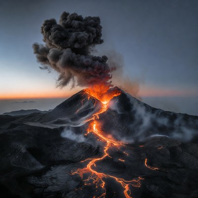 Erupting Volcano with Lava Flows