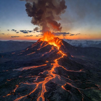 Erupting Volcano at Sunset