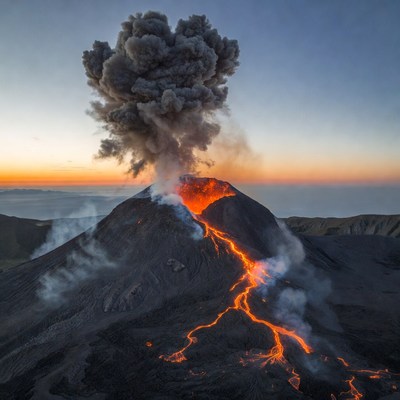 Erupting Volcano with Lava Flows