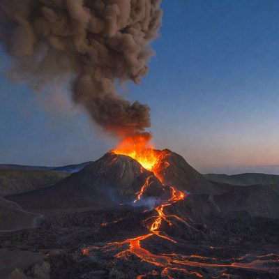 Erupting Volcano with Lava Flows