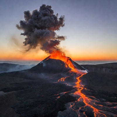 Volcano erupting at sunset