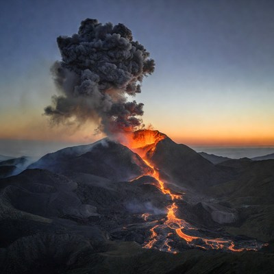 Volcano erupting at sunset