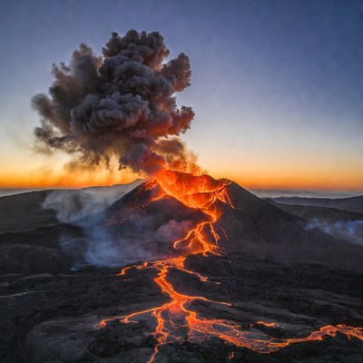 Erupting Volcano at Sunset