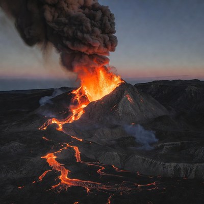Erupting Volcano with Lava Flows