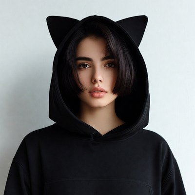 Asian woman in cat ear hoodie