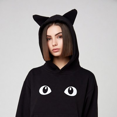 Woman in black cat ear hoodie