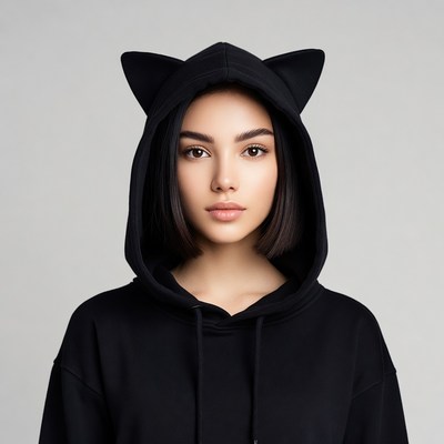 Woman in black cat ear hoodie
