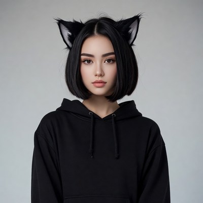 Asian woman wearing cat ears