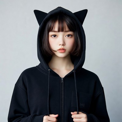 Asian girl in cat ear hoodie