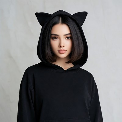Asian woman in black cat ear hoodie