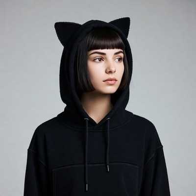 Woman in black cat ear hoodie