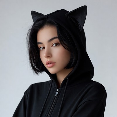 Asian woman in black cat ear hoodie