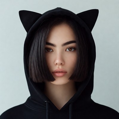Asian woman in cat ear hoodie