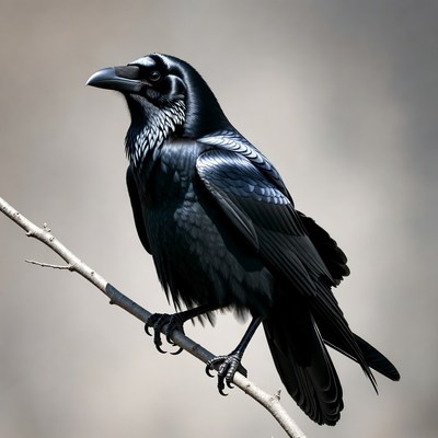 Black raven perched on branch