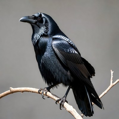 Black raven perched on branch