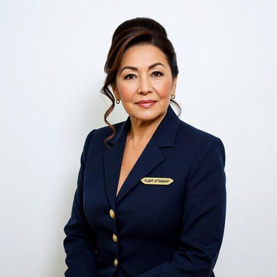 Asian flight attendant in navy uniform