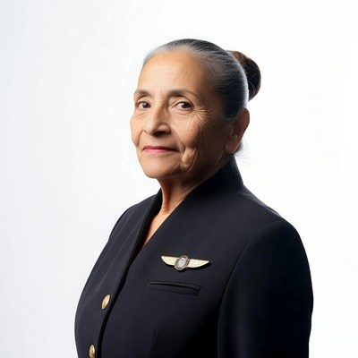 Elderly woman in flight attendant uniform