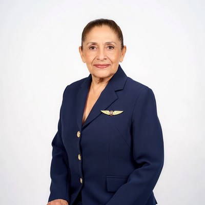 Middle-aged woman in navy flight attendant uniform