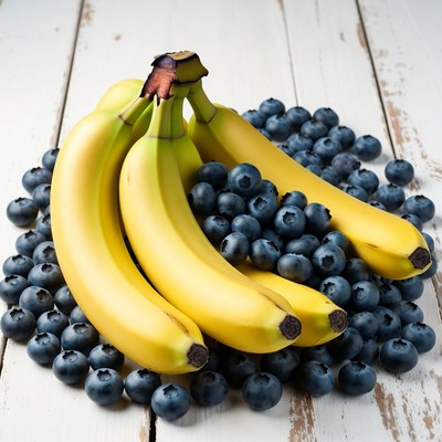 Bananas and Blueberries on Wooden Surface