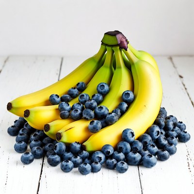 Bananas and Blueberries on Wooden Surface