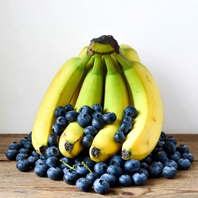 Bananas and Blueberries on Wooden Surface