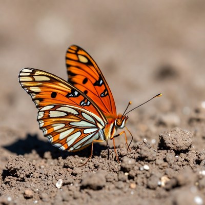 Orange butterfly on dirt ground