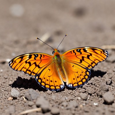 Orange butterfly on dirt ground