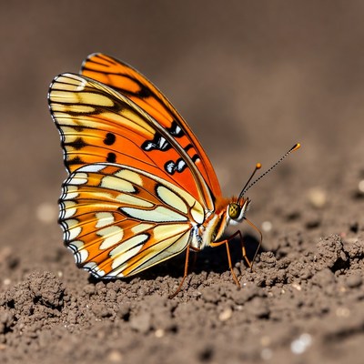 Orange butterfly on dirt ground