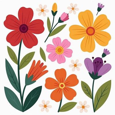 Colorful Flowers Illustration with Leaves
