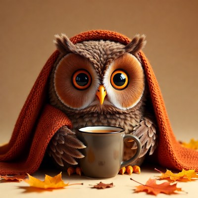 Cute Owl Wrapped in Blanket Holding Tea