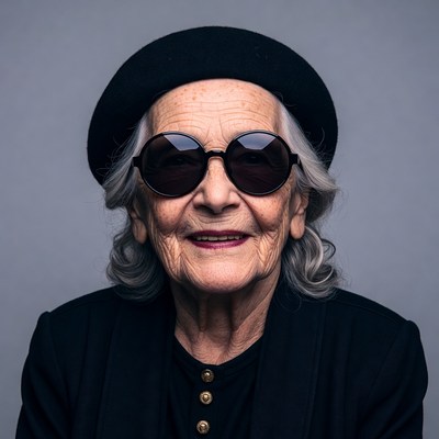 Elderly woman in beret and sunglasses