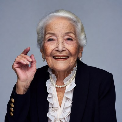 Elderly woman smiling with raised finger