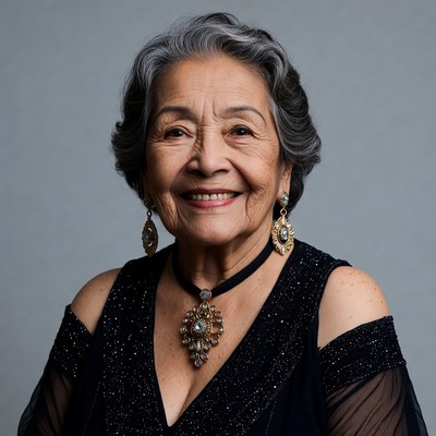 Elderly woman smiling with jewelry