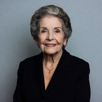 Elderly woman smiling in black blazer