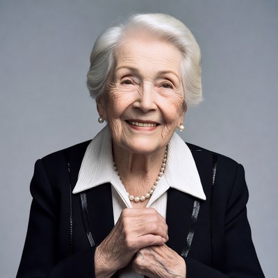 Elderly woman smiling in suit